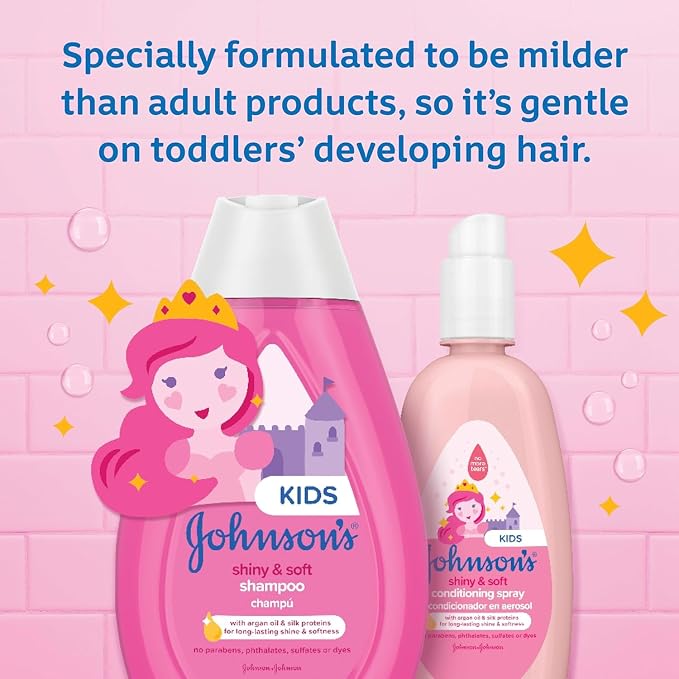Bundle of Johnson's Kids Shiny & Soft Tear-Free Kids' Shampoo with Argan Oil & Silk Proteins, Hypoallergenic, Sulfate-Free, 13.6 fl. oz + Conditioning Spray for Toddler Haircare, 10 fl. oz