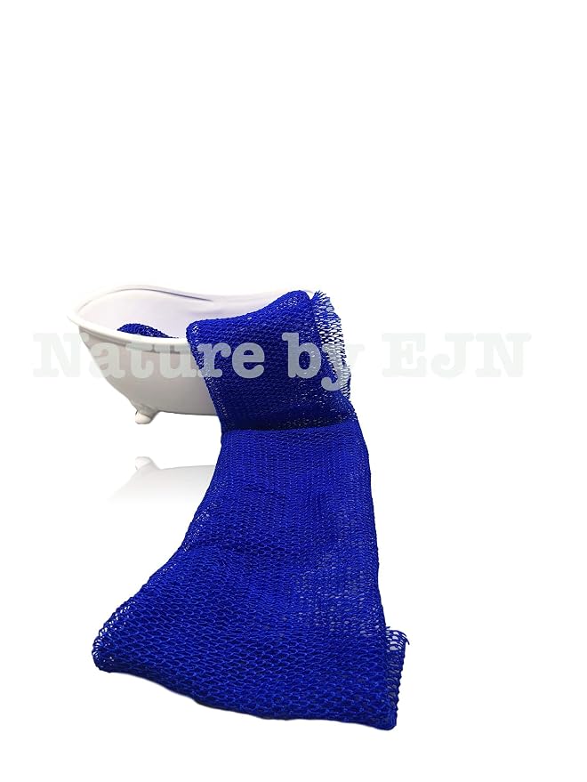 Net Bath Sponge, Customized N1 Weave, NKN Naturals, Long, Skin Exfoliation, African, Ghana, Porous, Stretches Horizontally to Approximately 49" (Shade of Blue)
