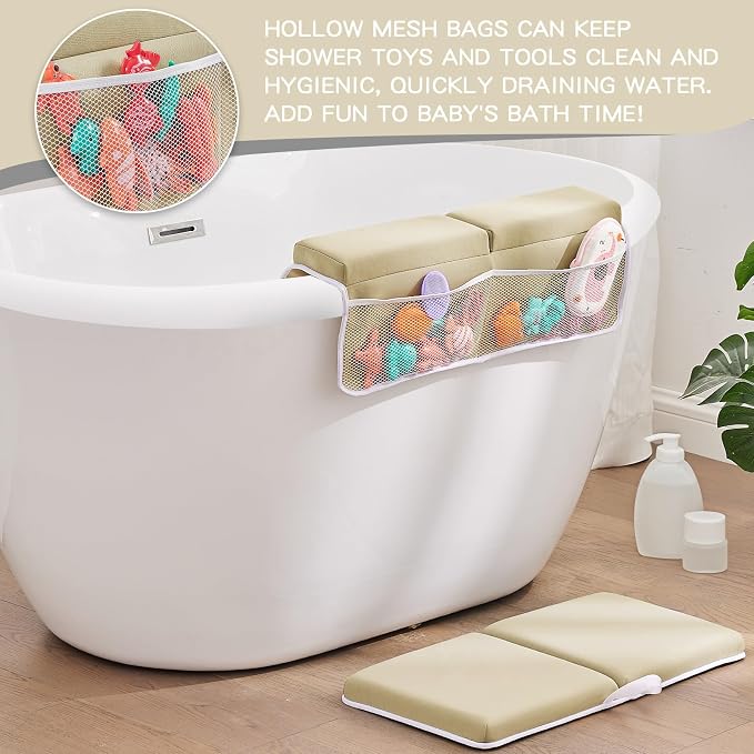 Baby Bath Kneeler and Elbow Rest Pad Set,Bath Kneeling Pad Thick Soft Quick Dry Bathtub Mat for Bathing Time,Baby Essentials Memory Foam with Toys Organizer Gifts for Parents,Khaki