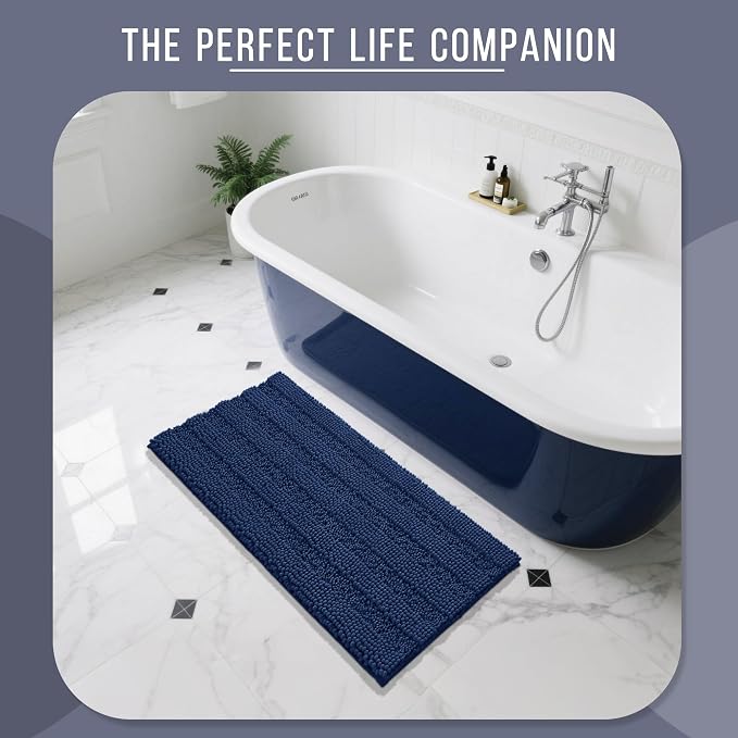 Yimobra Bathroom Rug Mat 47 x 24, Non Slip and Super Absorbent Bath Mat,Machine Washable Quick Dry,Ultra Plush Chenille Shower Rugs for Bathroom Floor Sink Tub and Shower Outside,Navy Blue