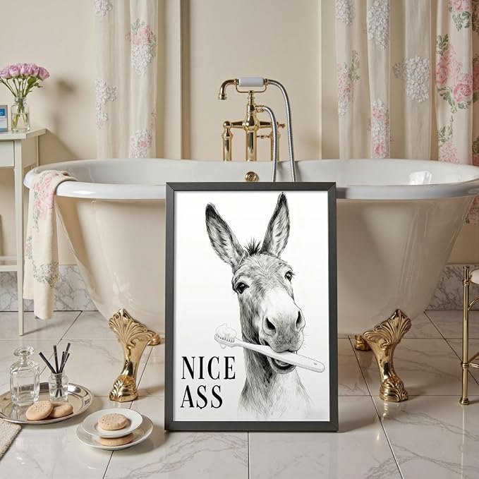 Funny Bathroom Wall Art Black and Grey Painting Prints with Nice Ass Quotes Framed Animals Artwork for Washroom Restroom Toilet Home Decoration Aesthetic Family Wall Decor 16X24 in Black Framed