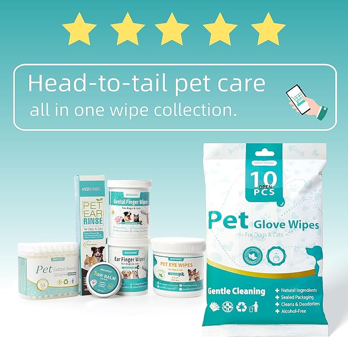 MEDUWEDU Dental Care Finger Wipes 60 Counts,Teeth Cleaning Finger Wipes for Dogs & Cats,Reduces Plaque & Freshens Breath, Mint Scent