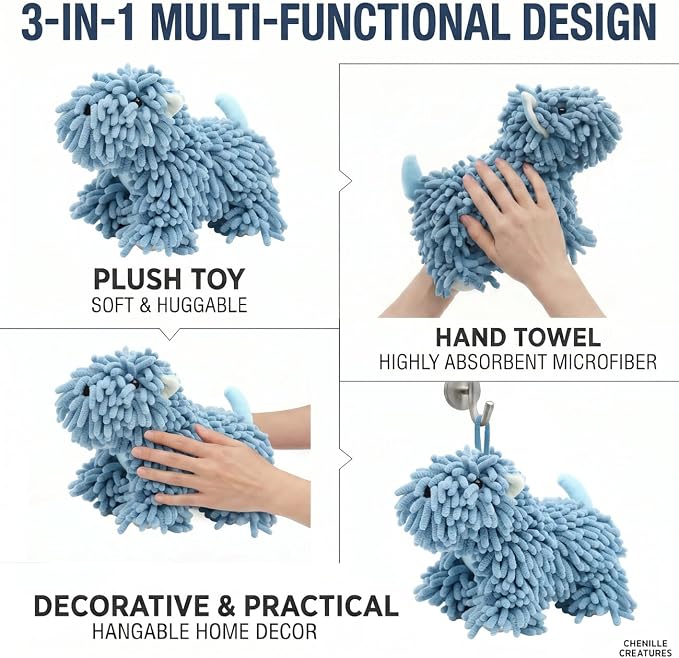 Cute Dog Chenille Hand Towel, 3D Fuzzy Puppy Hangable Ball Hand Towel Microfiber Super Soft Absorbent Bathroom & Kitchen Towels with Hanging Loop, Can Be Placed on the Sink Countertop (Blue)