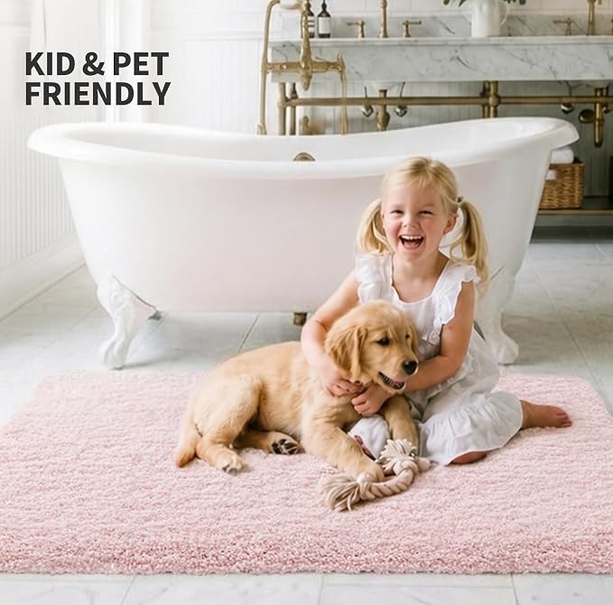ILANGO Pink Christmas Bathroom Rugs 36" × 24" Non Slip & Super Absorbent Extra Thick Soft, Washable Bath Mat for Floor, Non Shedding Microfiber Shaggy Bath Rug with Rubber for Bathtub Sink