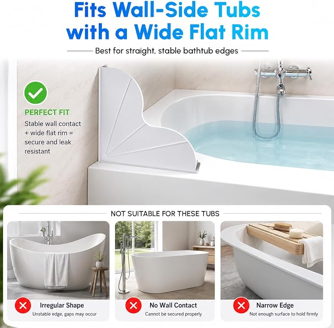 Vespara 2-Pack All-Silicone Shower Splash Guard Kit with Strong Suction Cups, Large Splash Guards for Bathtub, One-Piece Design Corner Guards to Keep Water in Shower or Bath (9.8x9.5inches) White