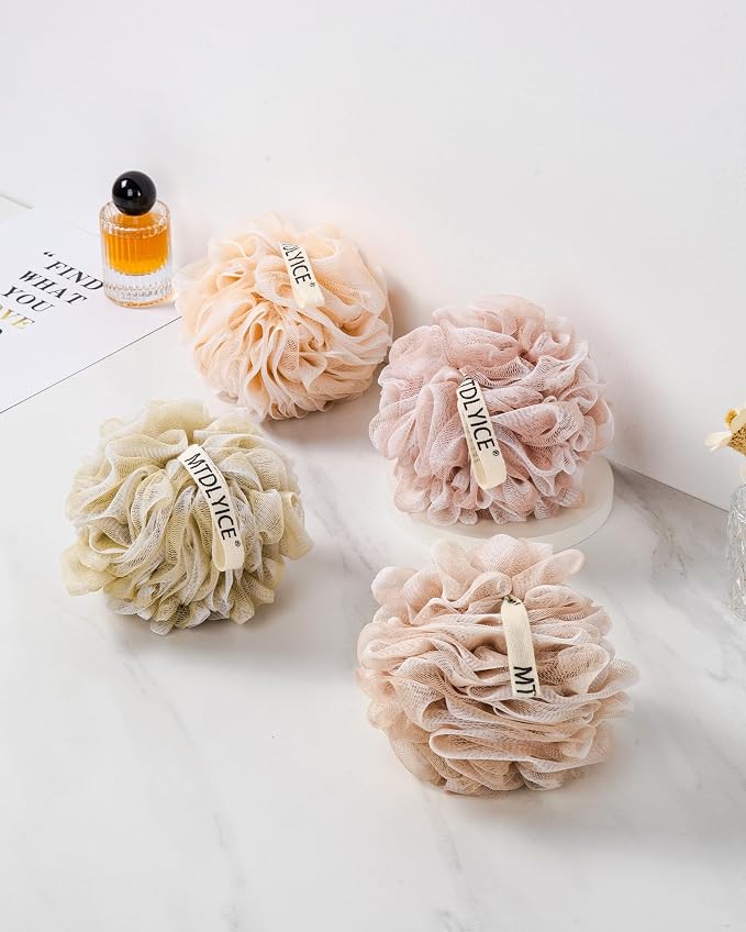 MTDLYICE Loofah Sponge, XL Large Loofah 75g 4 Pack, Bath Sponge Soft Mesh Shower, Body Scrubber, Loofah for Men, Bath Accessories Body wash Foaming (Beige)
