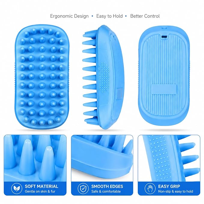 Rubber dog grooming brush - Professional pet bathing tool, helps remove shedding hair and massage - Gentle shampoo lathering tool for dogs, cats and puppies with short and medium hair.