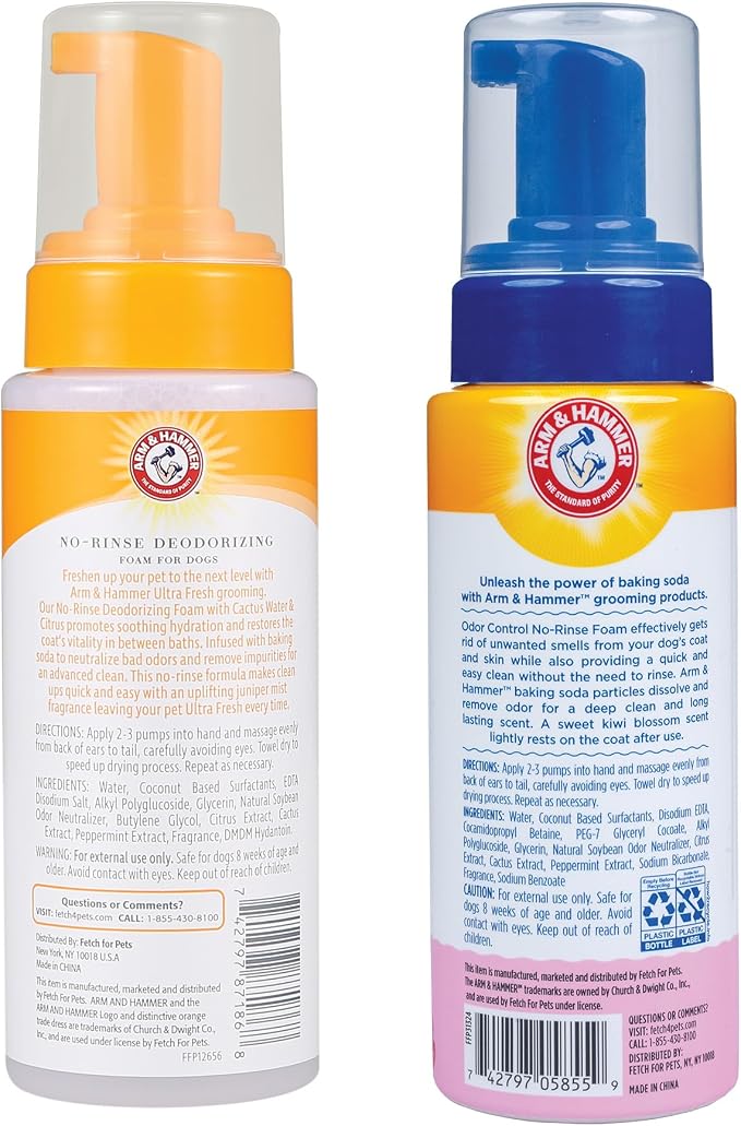 Arm & Hammer Ultra Fresh & Odor Control No-Rinse Dog Deodorizing Foams Bundle – Waterless Dog Shampoos with Baking Soda, Juniper Mist & Kiwi Blossom Scents, 8 Fl Oz Each