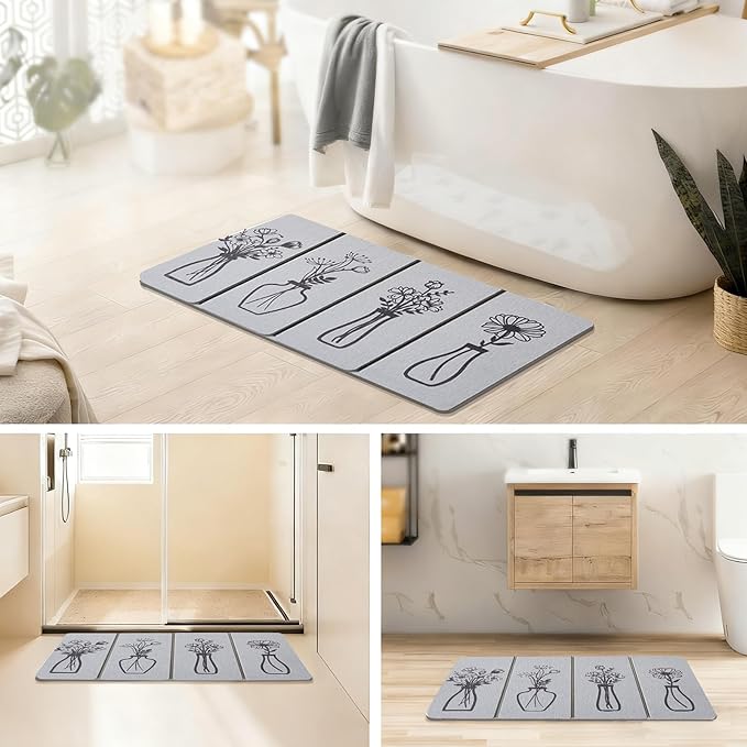 Foldable Stone Bath Mat - 24x16 Inch, Super Absorbent Diatomaceous Earth Large Gray and Black Floral Modern Stone Bath Mats for Bathroom Decor Quick Dry Non-Slip Shower & Bathtub & Drying Mat