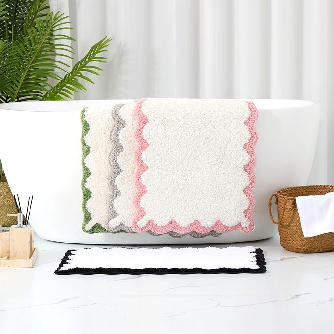 ORTIGIA Long Cute Scalloped Bathroom Rugs Runner, Fun White and Green Plush Microfiber Scallop Bath Mats Non Slip Washable Quick Dry Absorbent, Rug Carpet for Bathtub Sink Laundry Room Bedroom, 17x47