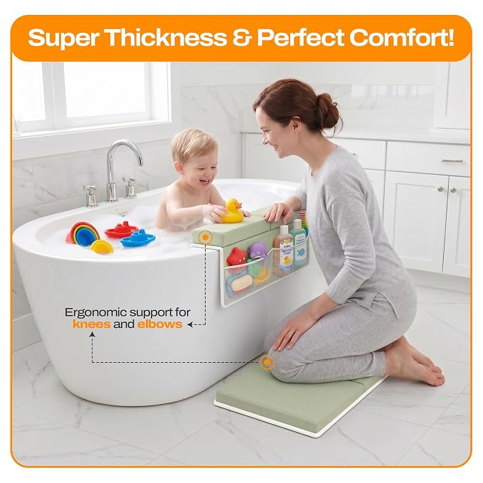 Bath Kneeler and Elbow Rest Pad Set-Baby Bath Kneeler with 1.5'' Comfortable Thick Memory Foam, Non-Slip Knee & Arm Support for Baby Bath Time,Foldable Bath Mat for Baby Storage Pockets (Green)