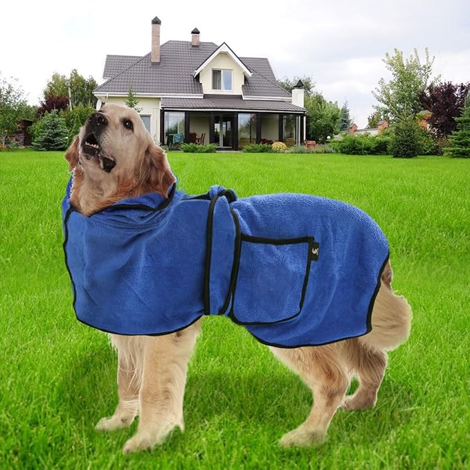 Dog Bathrobe Towel with Double Pocket, Wearable Dog Towel Super Absorbent Fast Drying, Soft Bath Robe with Hat and Belt for Medium Large Pet (Medium:Back Length 20"/50cm)