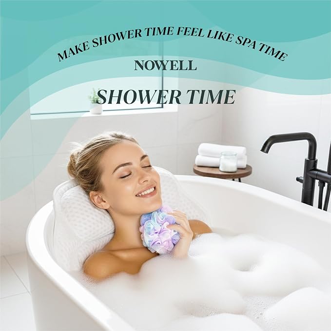 Bathtub Pillow for Head and Neck Support, Bath Pillow for Tub with 6 Suction Cups, Quick Dry Spa Tub Pillow, Bath Back Cushion with Mesh Polyester, Includes Bath Sponge and Wash Bag