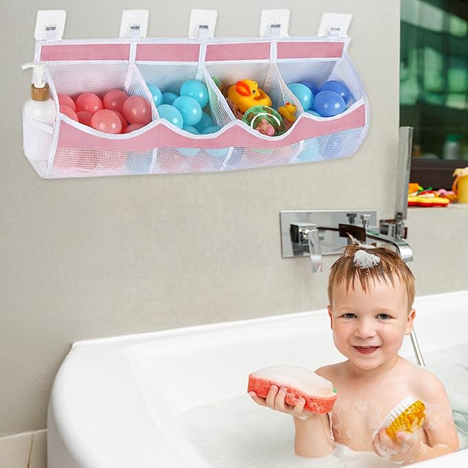 Large Bath Toy Storage, 4 Compartment Quick Drying Mesh Bath Toy Organizer with 5 Hooks, Easy Access and Sorting Large Capacity Corner Bathroom Storage, Multi Use Holder (Pink)