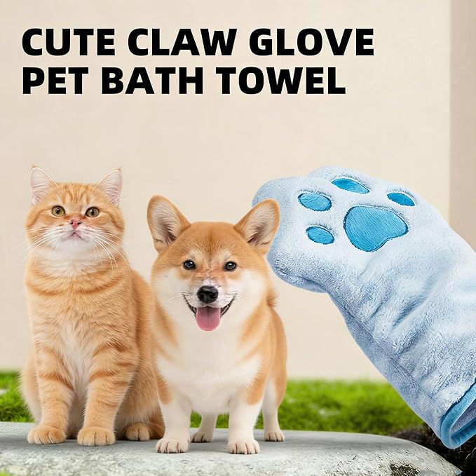 Paw Bathing Towel for Cats Puppy, Machine-Washable Reusable Pet Grooming Towel - Soft, Absorbent Quick-Dry Bath Mitt for Dirt Odor Removal, Daily Care & Travel -Blue