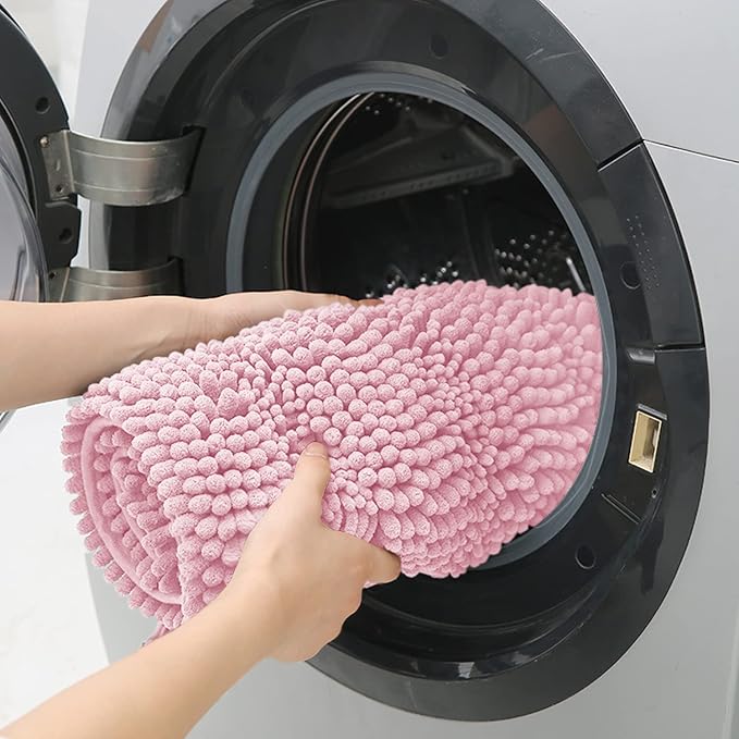 ACCUMTEK Christmas Striped Pink Bathroom Rug Mat Set 2 piece 32"x20"+60"x20" Ultra Soft, Non Slip Chenille Bath Rugs, Absorbent Plush Shaggy Bath Mats for Bathroom, Bedroom, Kitchen, Shower, Tub