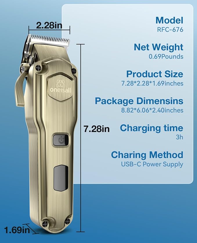 oneisall Dog Clippers for Grooming Thick Heavy Coats | Low Noise,Rechargeable Cordless,Stainless Steel Blade,IPX7 Waterproof,10 Guide Combs,for Thick/Double/Curly Hair, 676 Gold