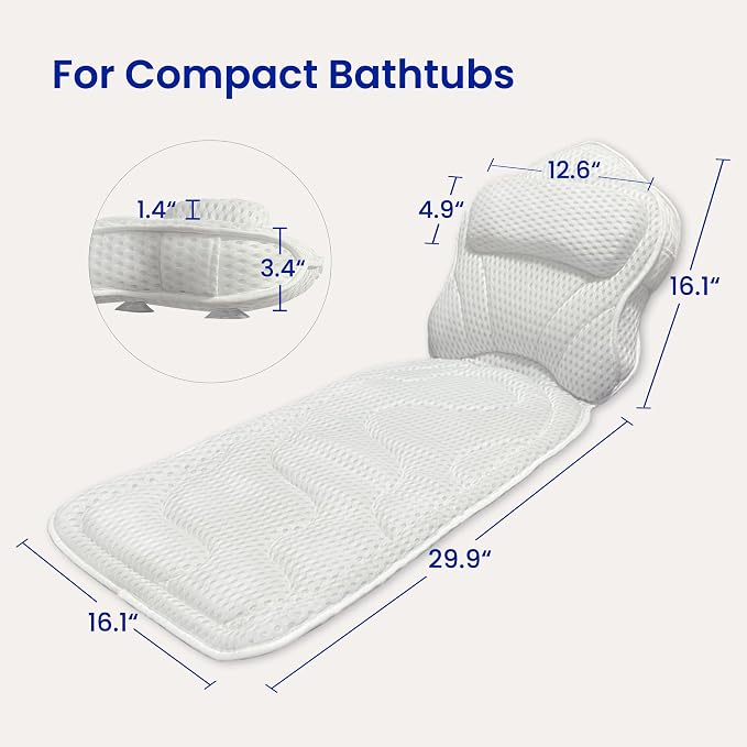 Bath Pillows for Tub Full Body, Large Mesh tub Pillow for Bathtub for Head, Neck and Back Support with Laundry Bag and Hanger for Quick Drying White