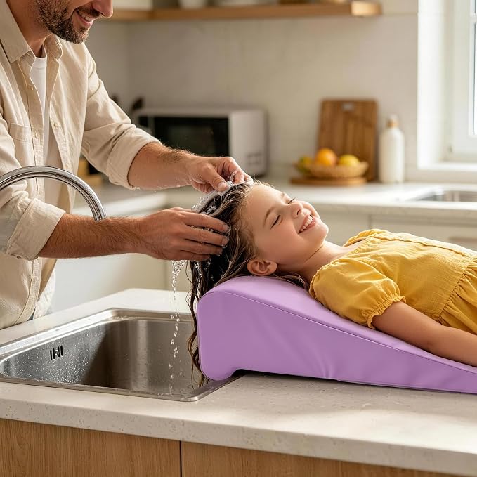 Wibeelee Hair Washing Station for Kids Waterproof Shampoo Foam Mat with Ergonomic Design Non Slip Bath Pillow Sink Soft Neck Support for Easy Hair Wash(Purple)