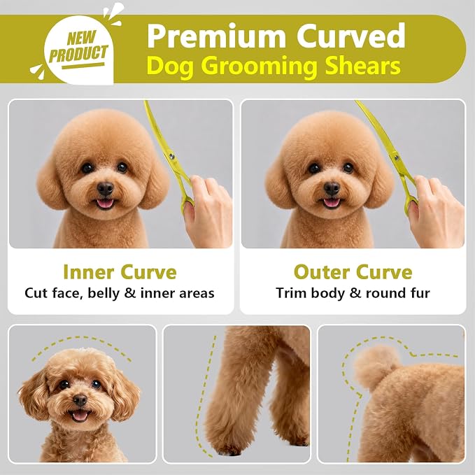 Professional Dog Grooming Scissors: 7" Japanese 440C Steel, Curved Shears with 25-30° Blade for Pet Groomers (Yellow)
