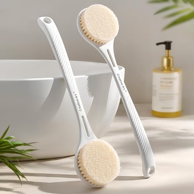 Back Scrubber for Shower for Women Men, Body Brush with Long Handle, Exfoliating Bath Washer with Soft Bristles, Body Exfoliator for Wet or Dry Brushing, Back Scrub Deep Cleaning, White