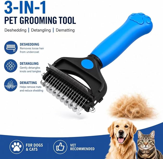 Deshedding Dog Brush,3-in-1 Undercoat Rake for Dogs,Pet Pro Grooming Tool – Ultimate Dematting Comb & Deshedding Brush for Cats and Dogs, Perfect for Shedding & Detangling (Blue)
