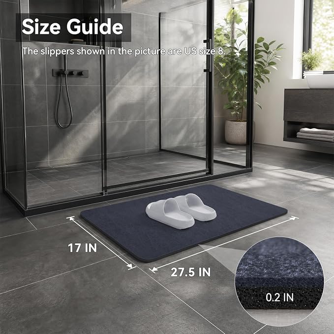 MontVoo -Bath Mat Rug-Rubber Backing Non Slip Quick Dry Absorbent Thin Bathroom Rugs Fit Under Door-Faux Suede Surface Bathroom Floor Mats-Shower Rug for in Front of Bathtub Shower Navy 17"x27.5"
