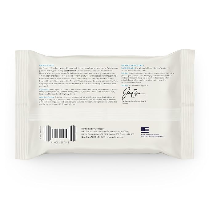 Vetnique Glandex Rear End Wipes for Dogs & Cats, Anal Gland Hygiene & Deodorizing Dog Wipes for Paws and Butt, Boot The Scoot with DeoPlex Enzyme, Aloe & Vitamin E (100ct)