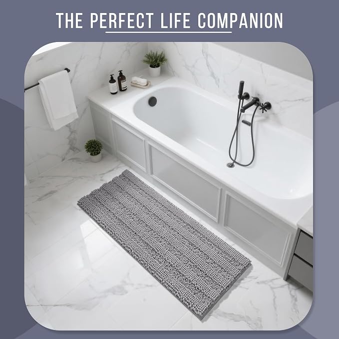 Yimobra Bathroom Runner Rugs 55"x24", Non Slip and Absorbent Bath Mat, Super Soft Water Absorbent Hallway Carpet, Machine Washable Rug for Vanity Tub Shower, Gray