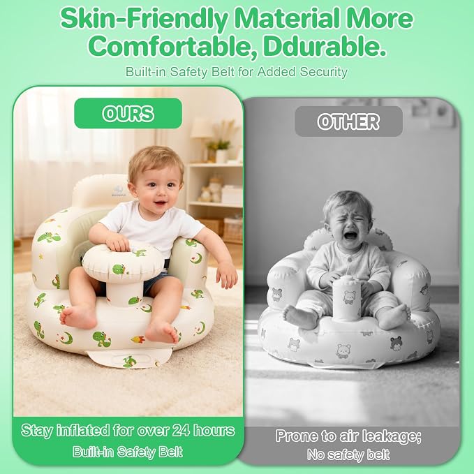 BEBOAN Inflatable Baby Seat with Tray for 3 Months Up Baby, Portable Upseat Baby Chair with Safety Strap for Sitting Up, Foldable Blow Up Infant Seat with Built-in Air Pump (Green Dinosaur)