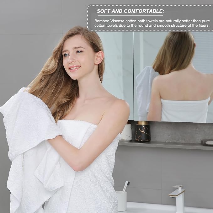 Aibaser Viscose from Bamboo and Cotton Bath Towels Set of 6-27x54 Inch Ultra Soft, Highly Absorbent Large Shower Towels for Bathroom, Spa & Gym (6 Piece Set) (White)