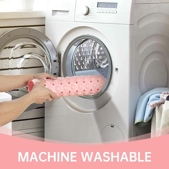 Wirhao Bathtub and Shower Mat Non Slip Bath Mat 39×16 Inches Machine Washable Tub Mat Large for Bathroom with Suction Cups and Drain Holes Pink