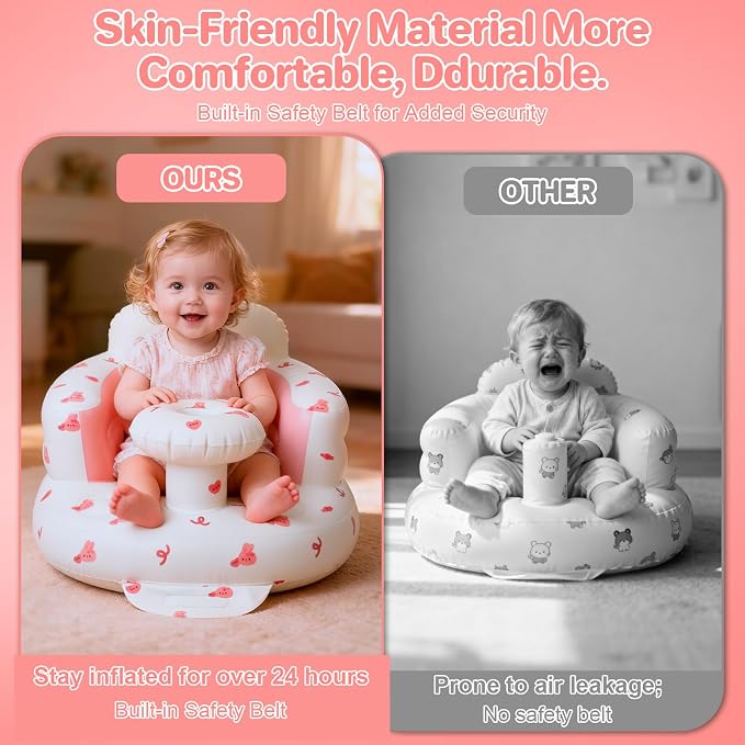 BEBOAN Inflatable Baby Seat with Tray for 3 Months Up Baby, Portable Upseat Baby Chair with Safety Strap for Sitting Up, Foldable Blow Up Infant Seat with Built-in Air Pump (Pink Bunny)
