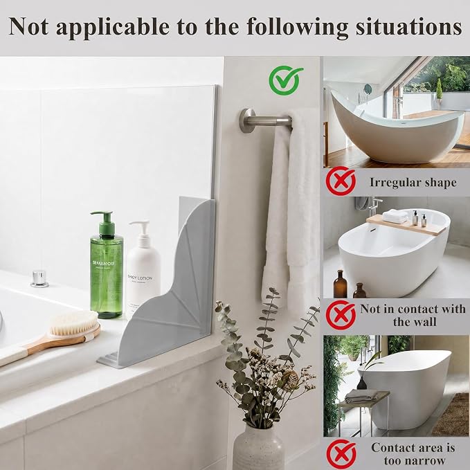 2-Pack Gray All-Silicone Bathtub Splash Guards. | No-Glue Corner Water Stopper with Secure Suction Cups, Easy On/Off Bath Tub Leak Proof Barrier for Walk-in Showers.
