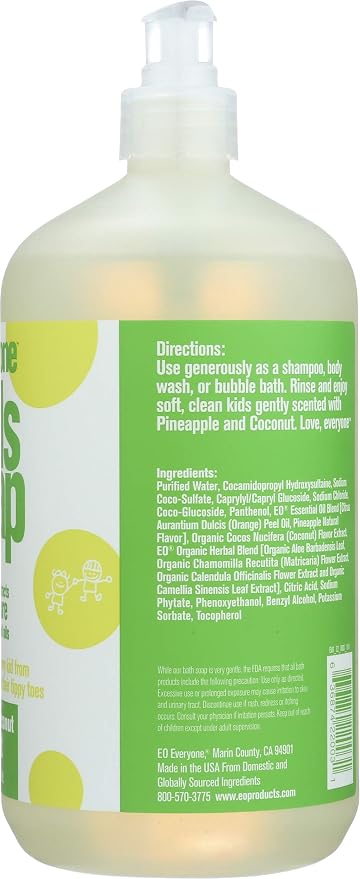 Everyone 3-in-1 Kids Soap, Body Wash, Bubble Bath, Shampoo, 32 Ounce (Pack of 6) Tropical Coconut, made with Essential Oils for Toddlers, tweens and teens