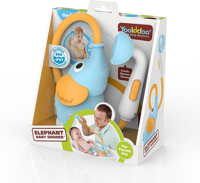 Yookidoo Baby Bath Shower Head - Elephant Water Pump and Trunk Spout Sprayer - One Handed Flow Control for Newborn Babies in Tub Or Sink (Blue&Orange)
