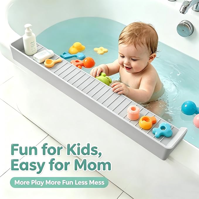 Bathtub Splash Guard with Strong Suction Cups, Silicone Splash Guard for Bathtub, Bath Toys Storage & Organizer Shelf for Kids, Flexible Water Guard for Bathroom Tub Edge and Kitchen Sinks Gray