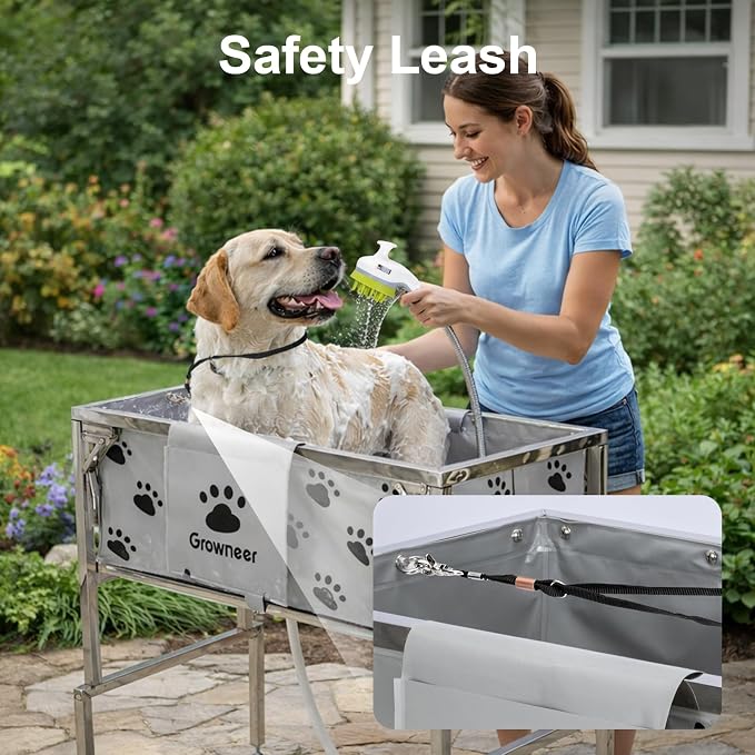 GROWNEER Foldable Dog Bath Tub,300LB Portable Pet Grooming Tub with Stainless Steel Frame, Elevated Dog Washing Station for Small to Medium Dogs and Cats, Indoor Outdoor Use