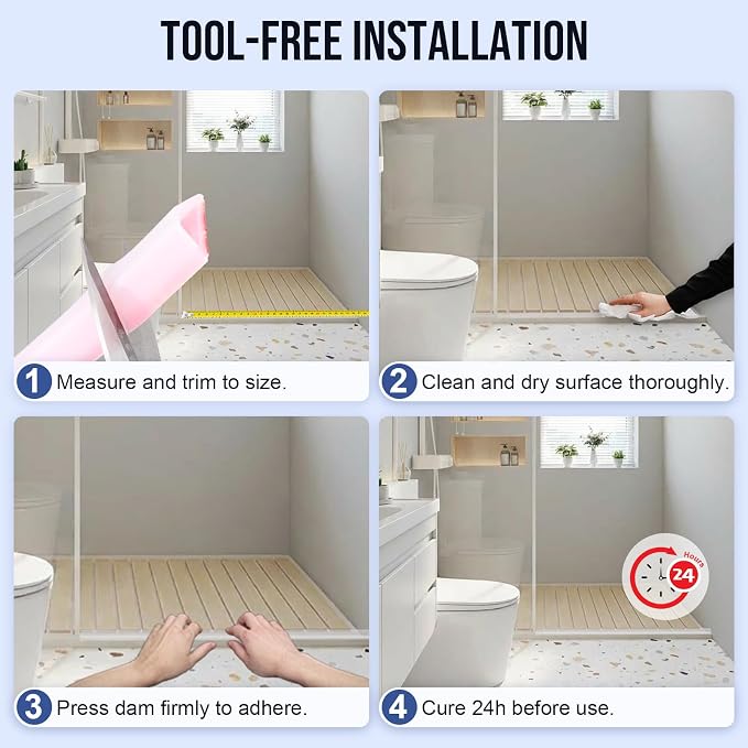 Shower Threshold Water Dam Guard- (138 Inch) Collapsible Silicone Barrier for Walk-in Showers - Self-Adhesive Bathroom Floor Water Stopper for Wet/Dry Separation - Transparent