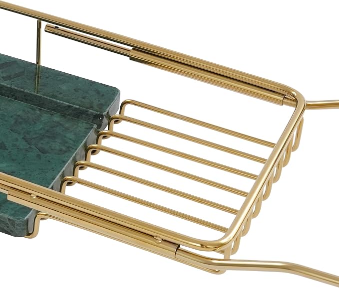 Expandable Bathtub Tray – 26.77" to 35.43" Adjustable Bathtub Caddy | with Natural Marble Board, Raised Guardrails, Tablet/Phone Stand – Home Spa Accessory for Bath, Holds 44 lbs (Gold + Green)