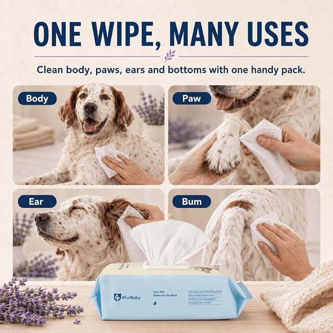 Dog Wipes for Paws and Butt, Lavender, 30 Count | 8" x 8" hypoallergenic and hydrating pet grooming wipes for dogs, cats, and daily care.
