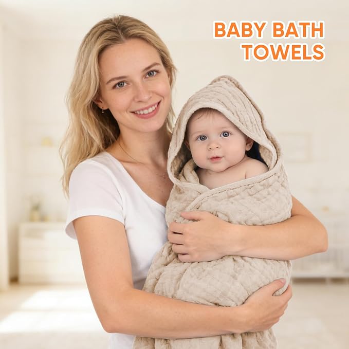 MIGIOL Muslin Hooded Baby Towels 100% Cotton ,Super Soft Muslin Baby Bath Towel - 32 x 32 Inches, Suitable for Newborn and Young Children up to 3 Years Old. (Beige & Coffee)