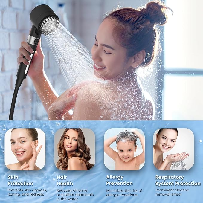 PWERAN Filtered Shower Head with Handheld, 2-PCS Filters High Pressure Shower Head with 3+1 Spray Modes for Hard Water Remove Chlorine, Detachable Showerhead with ON/OFF Switch for Pet Bath (Black)