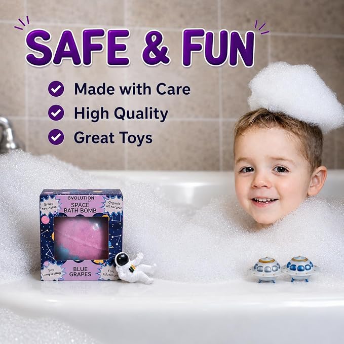 EvolutionUSA 1 Space Bath Bomb for Boys & Girls - Planet Bath Ball with Toy Hidden Inside, Organic Hypoallerganic Space Childrens Bathbomb, Cosmic Fun Bath Bomb Gift Set Birthday, Christmas, Easter