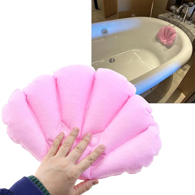 2PCS Shell Shaped Inflatable Towel Bath Pillow with Suction Cups Soft and Comfortable Cushion Neck Support
