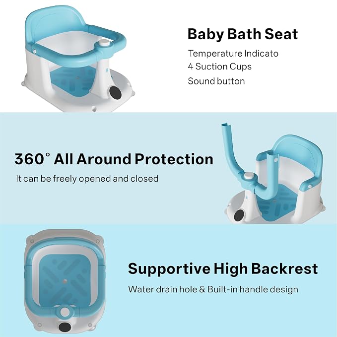 Baby Bath Seat for Infant 6 Months & Up - Adjustable Toddler Bathtub Chair with Secure Wrap Design & Temperature Sensor, Non-Slip Base for Infant Bath Safety (Blue)