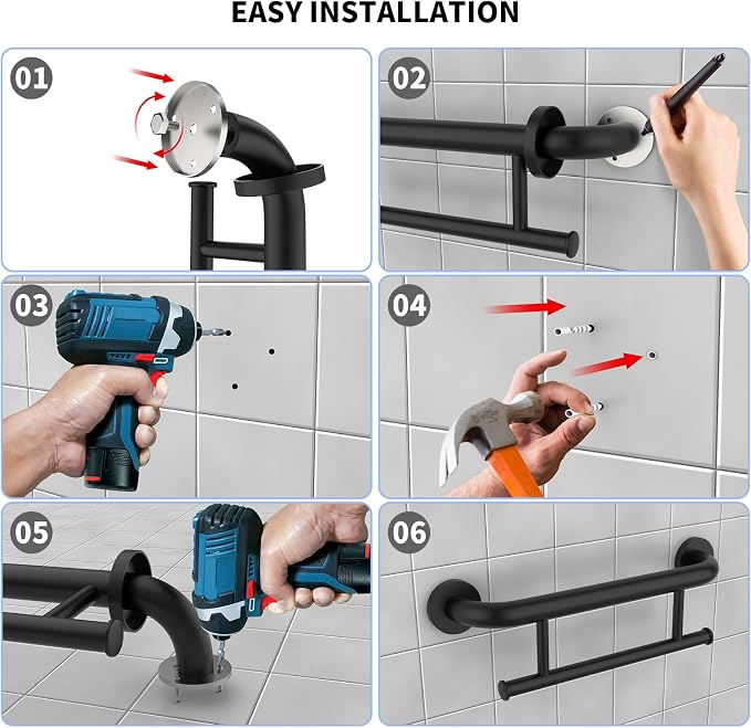 Oil Rubbed Black Grab Bar 17 Inch w/Towel Holder, iHansee Stainless Steel Shower Towel Bar Bathroom Balanced Support Handle, Wall Mount Safety Handrail Grab Rail for Elderly Senior Handicap Disabled