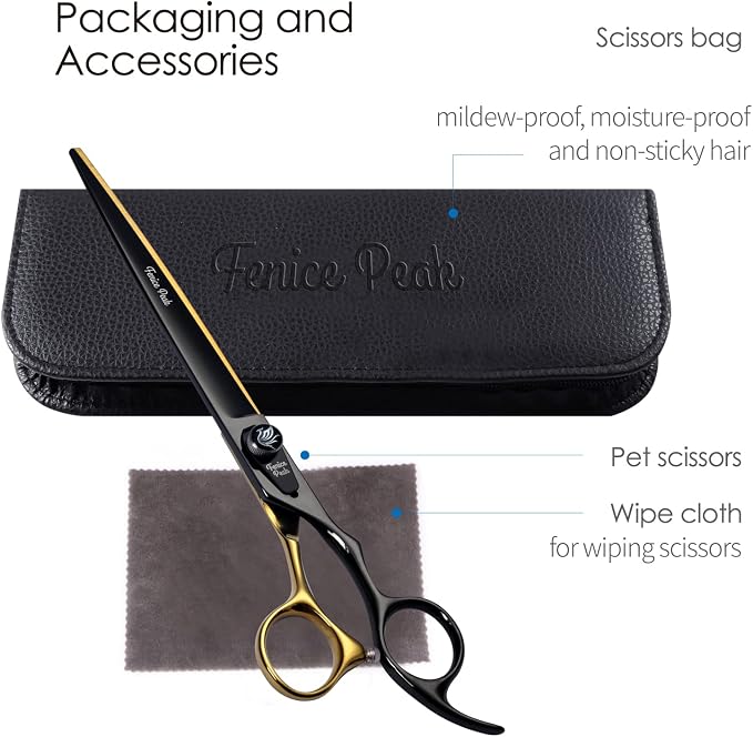 7'' Black Dog Grooming Scissors Goldern Straight Shears with Ergonomic Offest Handle and Pattern Screw Pet Grooming Trimming Shears Durable and Sharp 440C