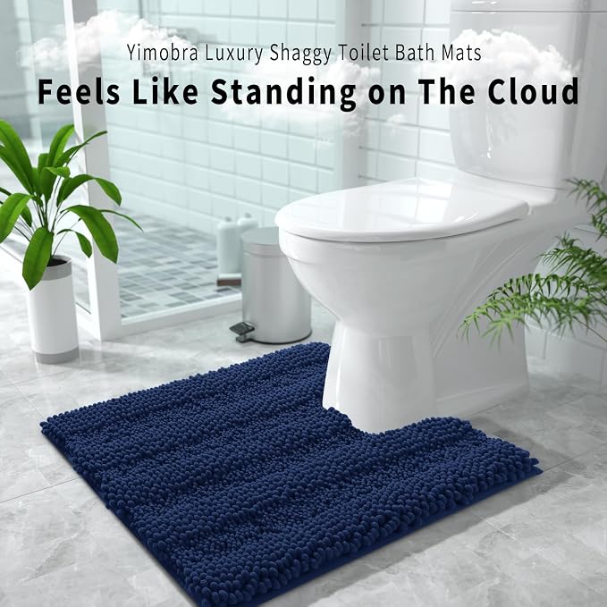 Yimobra Toilet Rugs U Shaped Washable 24 x 20, Non Slip and Super Absorbent Toilet Mat, Quick Dry, Ultra Luxury Microfiber Chenille Plush Fluffy Contour Bath Rugs for Toilet Base, Navy Blue