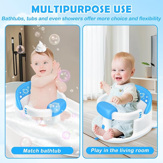 Baby Bath Seat 6M+, Non-Slip Cushion, CPSC Certified, 5-Pc Set, Blue | BPA-free PP+TPR, easy-release handle, ergonomic backrest, lightweight & portable, available in blue
